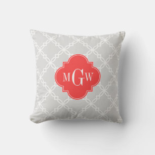 Lt Gray White Fancy Quatrefoil 3 Initial Monogram Throw Pillow