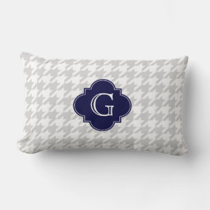 Lt Gray White Houndstooth Navy Monogram Label Lumbar Pillow