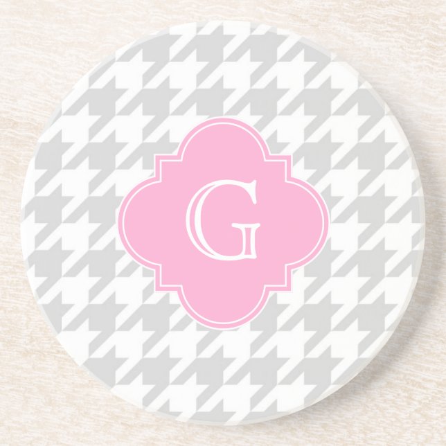 Lt Gray White Houndstooth Pink Monogram Label Drink Coaster (Front)