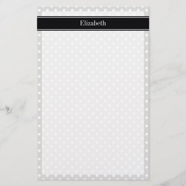 Lt Gray White Polka Dots Black Name Monogram Stationery (Front)