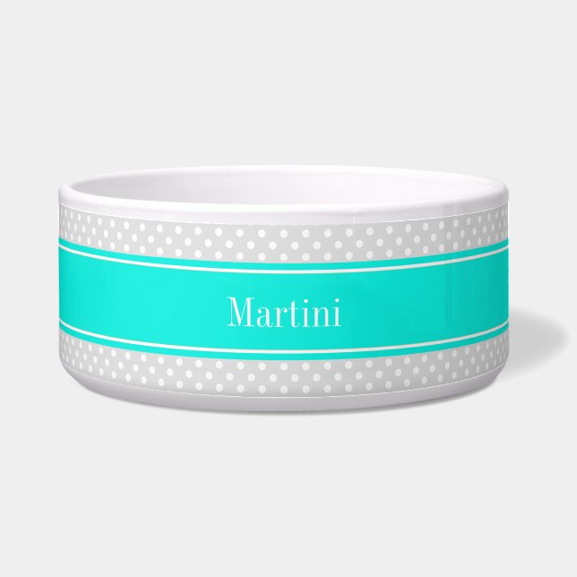 Lt Gray White Polka Dots Brt Aqua Ribbon Monogram Bowl (Front)