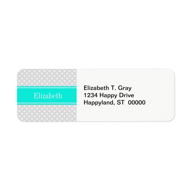 Lt Gray White Polka Dots Brt Aqua Ribbon Monogram Label (Front)