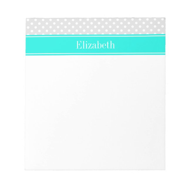 Lt Gray White Polka Dots Brt Aqua Ribbon Monogram Notepad (Front)