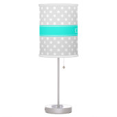 Lt Gray White Polka Dots Brt Aqua Ribbon Monogram Table Lamp (Left)