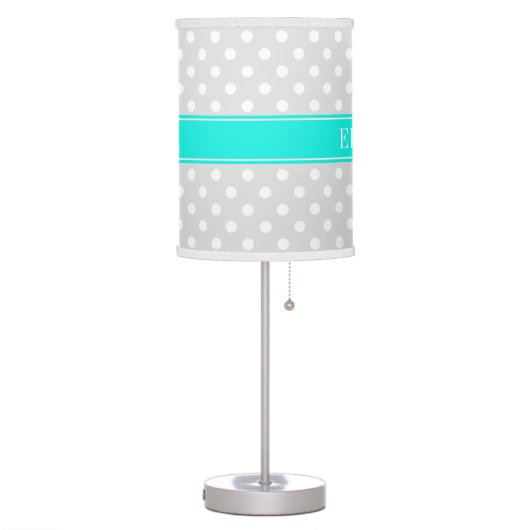 Lt Gray White Polka Dots Brt Aqua Ribbon Monogram Table Lamp (Left)