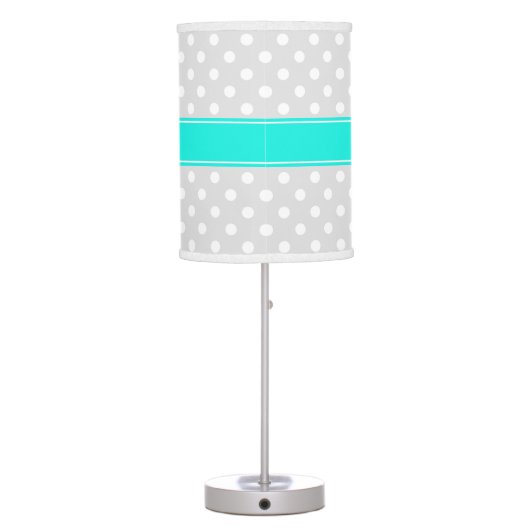 Lt Gray White Polka Dots Brt Aqua Ribbon Monogram Table Lamp (Back)