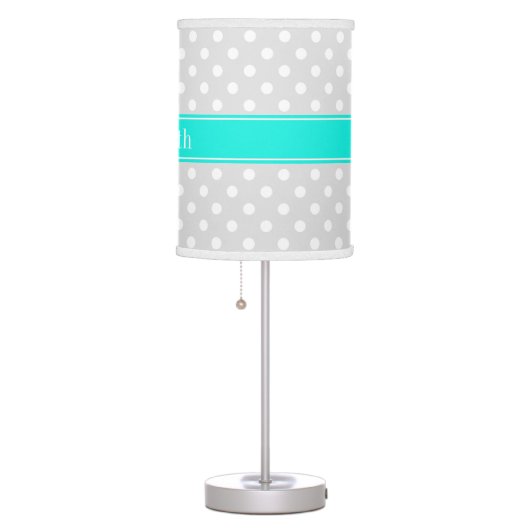 Lt Gray White Polka Dots Brt Aqua Ribbon Monogram Table Lamp (Right)