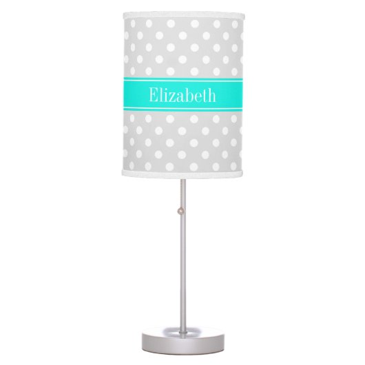 Lt Gray White Polka Dots Brt Aqua Ribbon Monogram Table Lamp (Front)