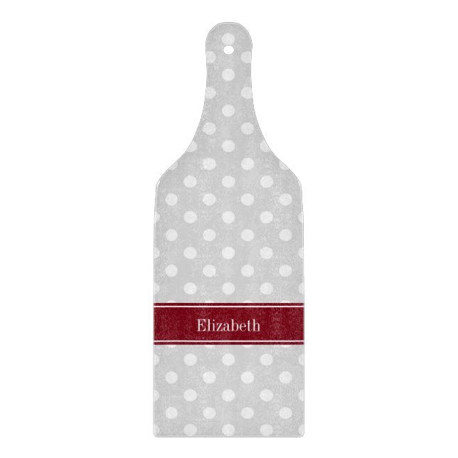 Lt Gray White Polka Dots Burgundy Name Monogram Cutting Board (Front)