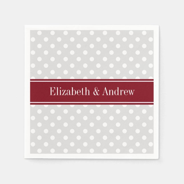 Lt Gray White Polka Dots Burgundy Name Monogram Napkins (Front)