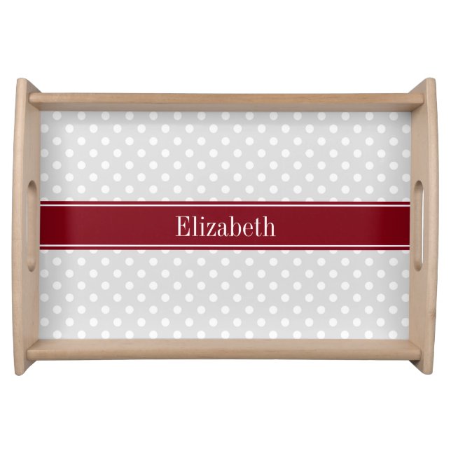 Lt Gray White Polka Dots Burgundy Name Monogram Serving Tray (Front)