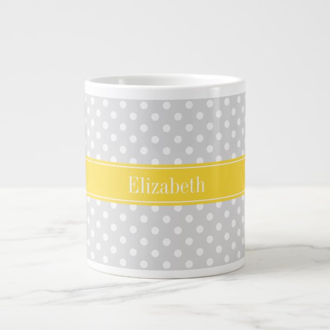 Lt Gray White Polka Dots Pineapple Name Monogram Large Coffee Mug (Front)
