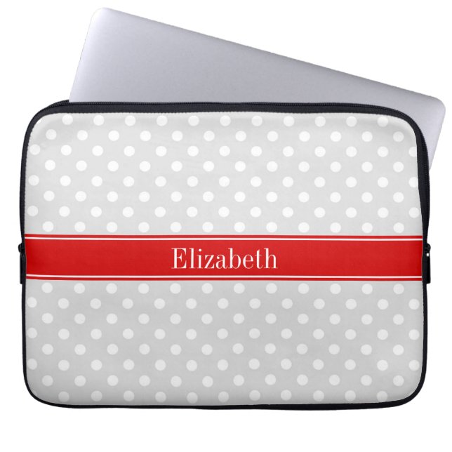 Lt Gray White Polka Dots Red Name Monogram Laptop Sleeve (Front)