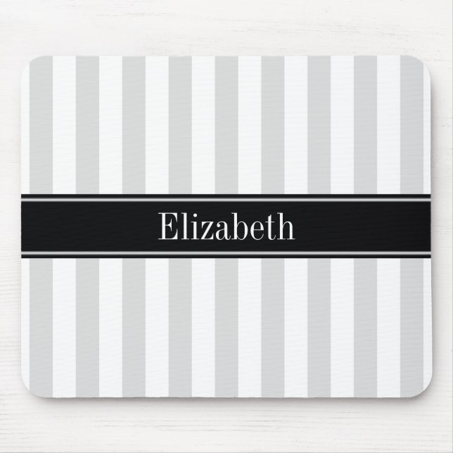 Lt Gray White Stripe Black Name Monogram Mouse Pad (Front)