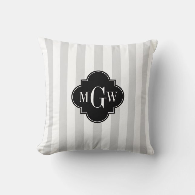 Lt Gray White Stripe Black Quatrefoil 3 Monogram Throw Pillow (Front)