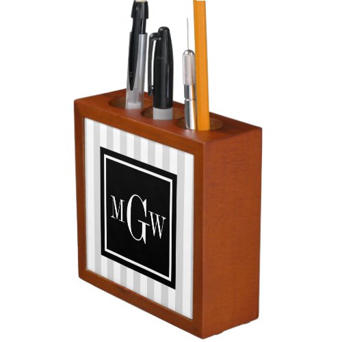 Lt Gray White Stripe Black Square 3 Monogram Desk Organizer