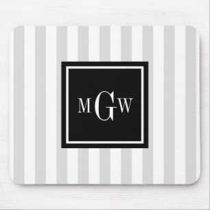 Lt Gray White Stripe Black Square 3 Monogram Mouse Pad