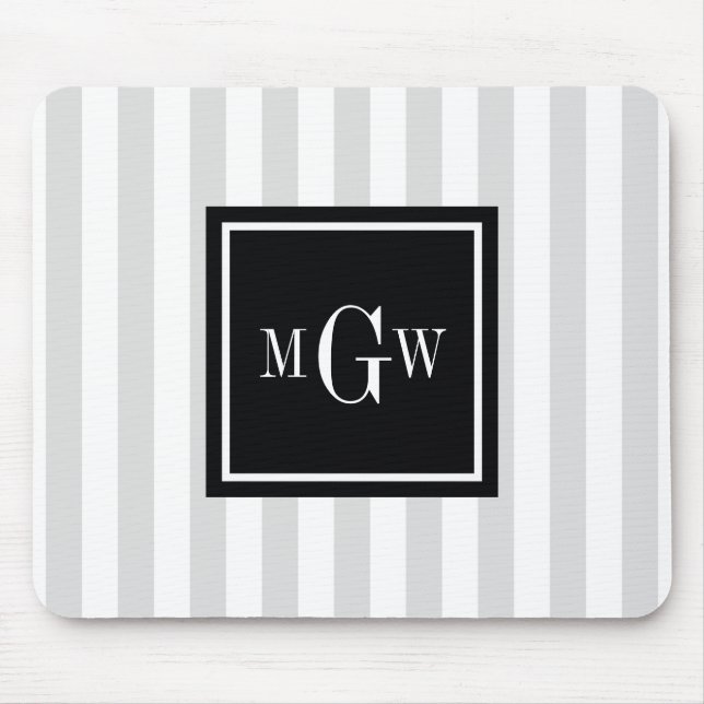 Lt Gray White Stripe Black Square 3 Monogram Mouse Pad (Front)