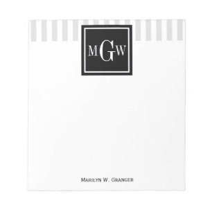 Lt Gray White Stripe Black Square 3 Monogram Notepad