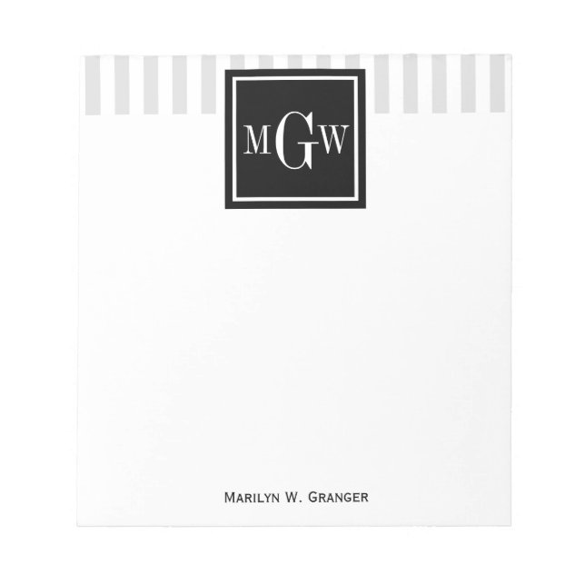 Lt Gray White Stripe Black Square 3 Monogram Notepad (Front)