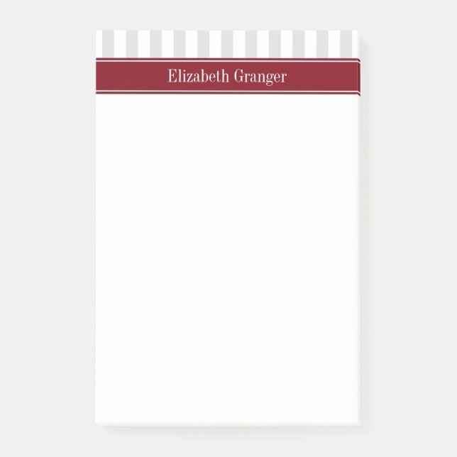 Lt Gray White Stripe Burgundy Name Monogram Post-it Notes (Front)