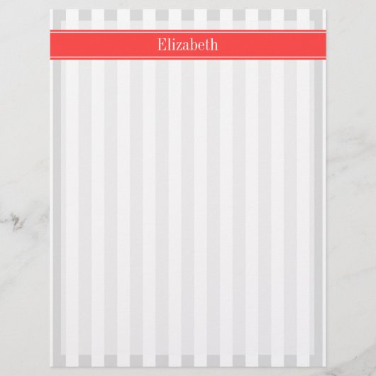 Lt Gray White Stripe Coral Red Name Monogram (Front)