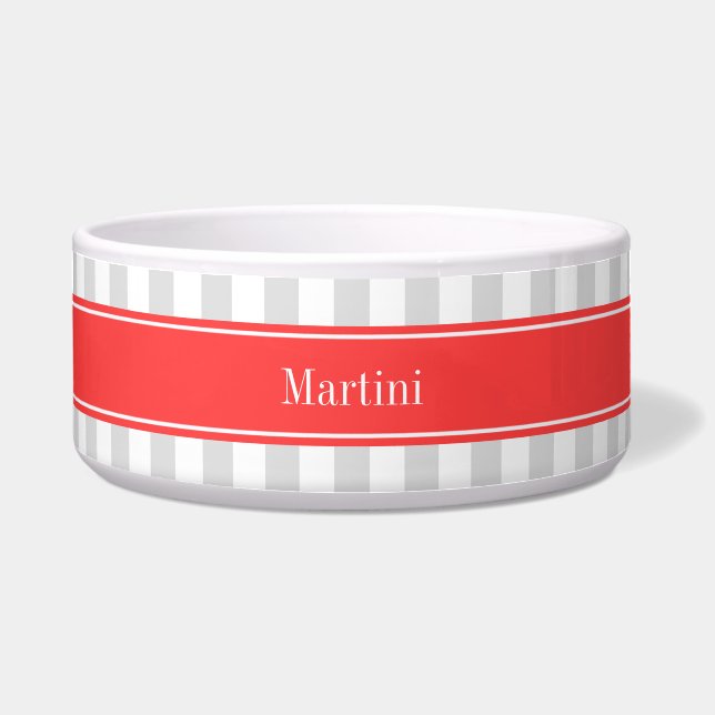 Lt Gray White Stripe Coral Red Name Monogram Bowl (Front)