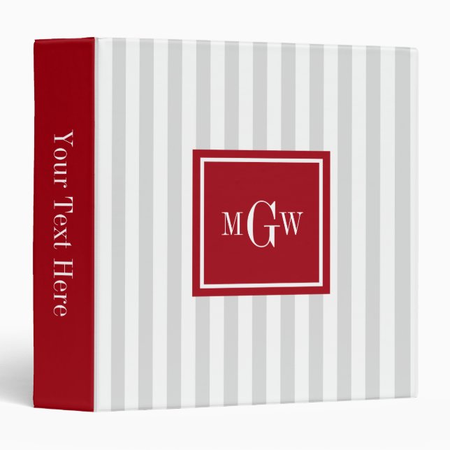 Lt Gray White Stripe Cranberry Square 3 Monogram Binder (Front/Spine)