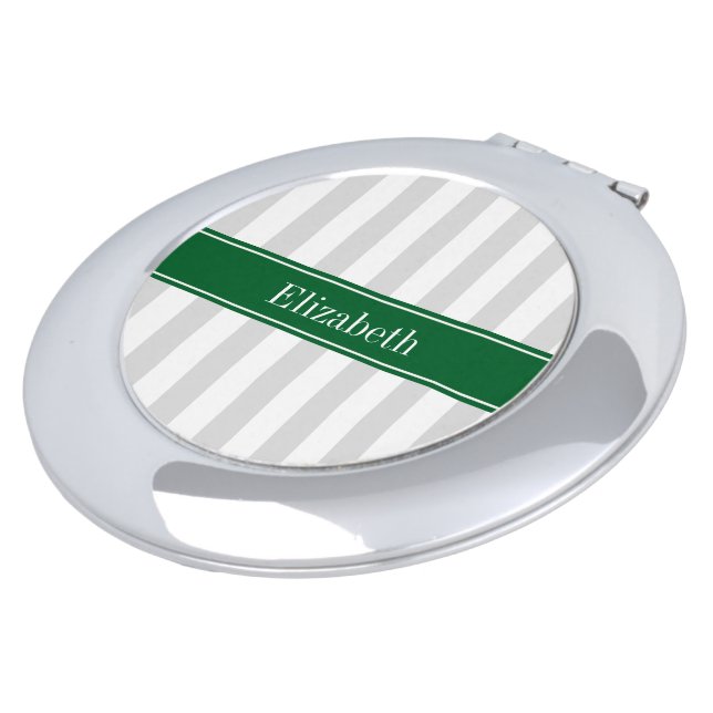 Lt Gray White Stripe Forest Green Name Monogram Mirror For Makeup (Turned)
