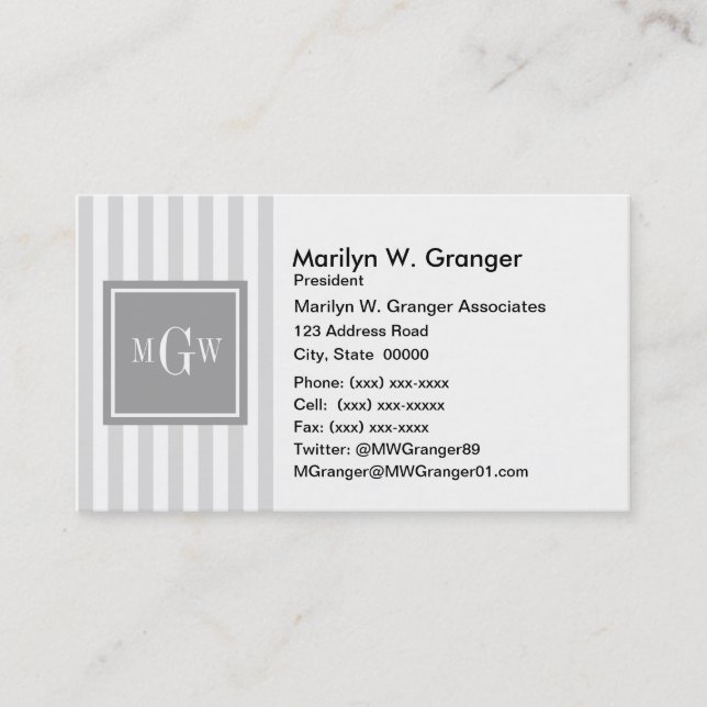 Lt Gray White Stripe Gray Square 3 Monogram Business Card (Front)