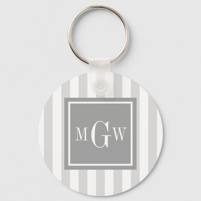 Lt Gray White Stripe Gray Square 3 Monogram Keychain (Front)