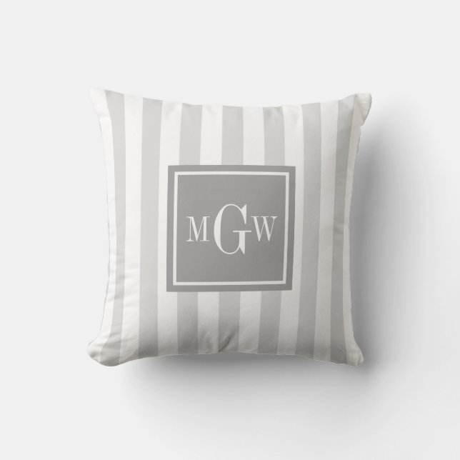 Lt Gray White Stripe Gray Square 3 Monogram Throw Pillow (Front)