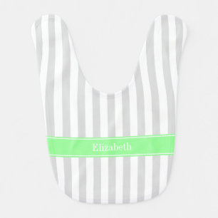 Lt Gray White Stripe Mint Green Name Monogram Baby Bib