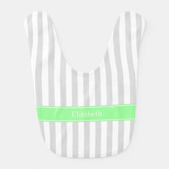 Lt Gray White Stripe Mint Green Name Monogram Baby Bib (Front)
