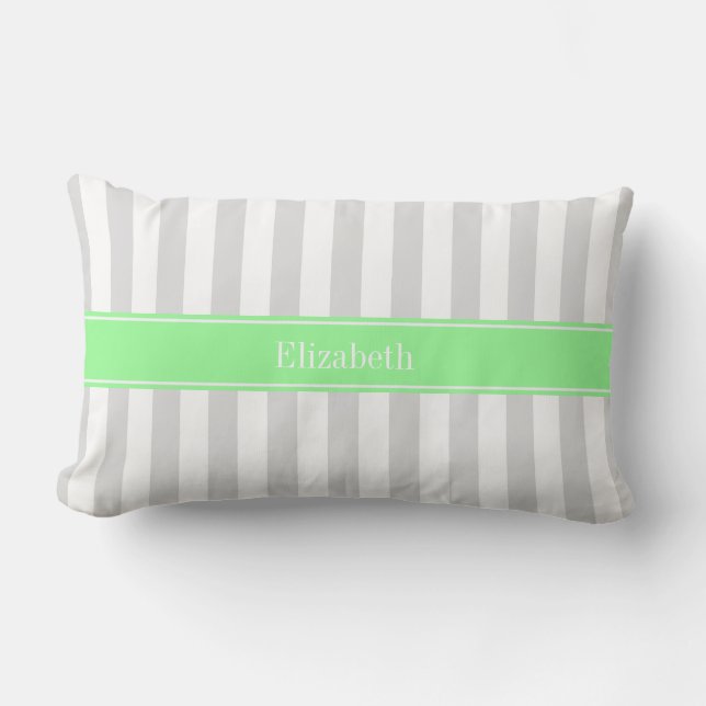 Lt Gray White Stripe Mint Green Name Monogram Lumbar Pillow (Front)