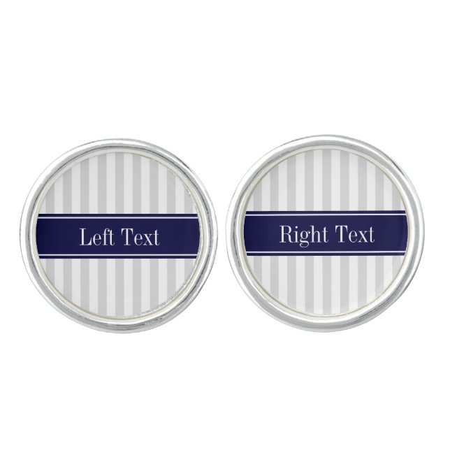 Lt Gray White Stripe Navy Blue Name Monogram Cufflinks (Front)