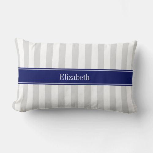 Lt Gray White Stripe Navy Blue Name Monogram Lumbar Pillow