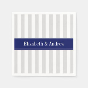 Lt Gray White Stripe Navy Blue Name Monogram Napkins