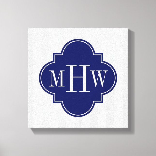 Lt Gray White Stripe Navy Quatrefoil 3 Monogram Canvas Print (Front)