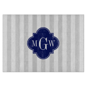 Lt Gray White Stripe Navy Quatrefoil 3 Monogram Cutting Board