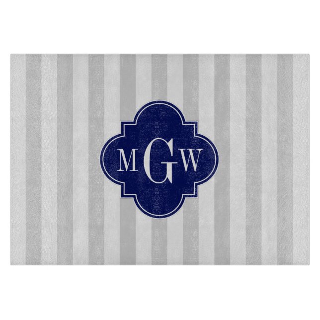 Lt Gray White Stripe Navy Quatrefoil 3 Monogram Cutting Board (Front)