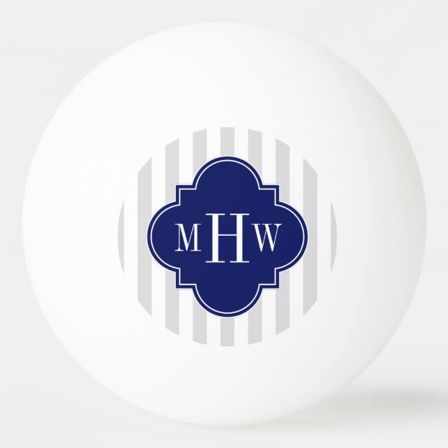 Lt Gray White Stripe Navy Quatrefoil 3 Monogram Ping-Pong Ball (Front)