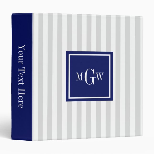 Lt Gray White Stripe Navy Square 3 Monogram Binder (Front/Spine)