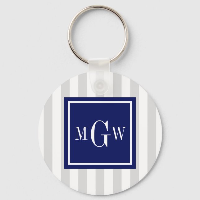 Lt Gray White Stripe Navy Square 3 Monogram Keychain (Front)