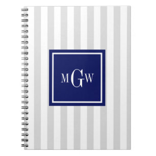 Lt Gray White Stripe Navy Square 3 Monogram Notebook