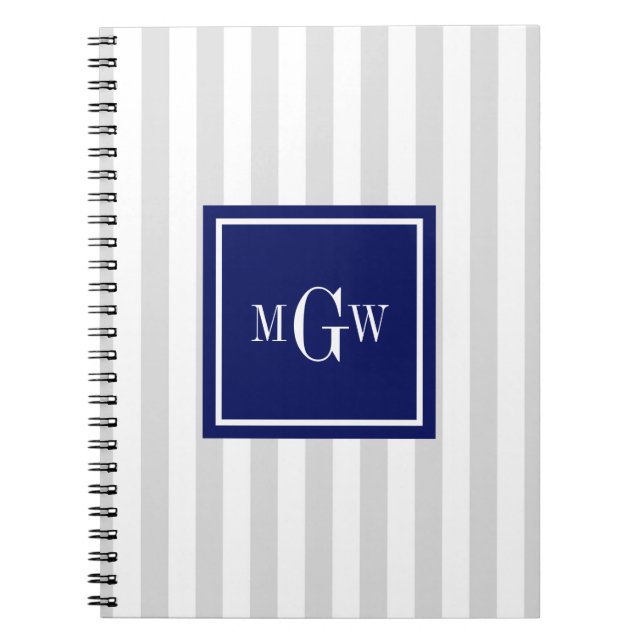 Lt Gray White Stripe Navy Square 3 Monogram Notebook (Front)