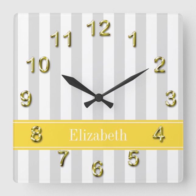 Lt Gray White Stripe Pineapple Name Monogram Square Wall Clock (Front)