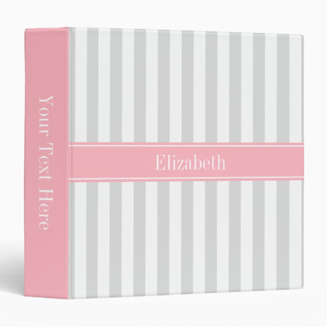 Lt Gray White Stripe Pink Name Monogram 3 Ring Binder (Front/Spine)