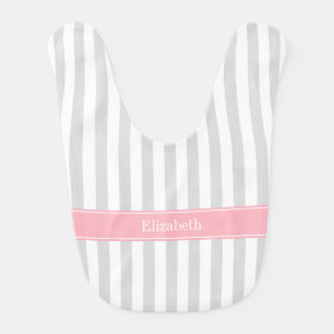 Lt Gray White Stripe Pink Name Monogram Bib