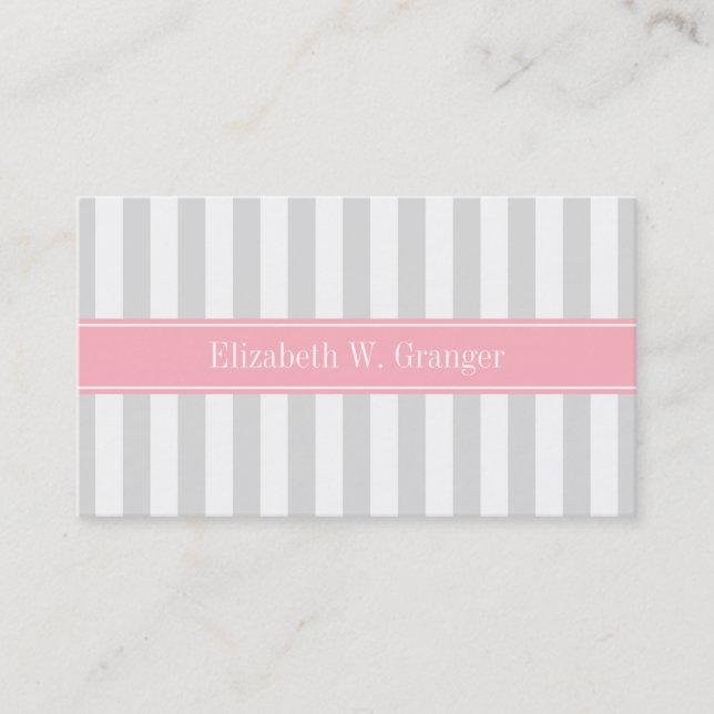 Lt Gray White Stripe Pink Name Monogram Business Card (Front)